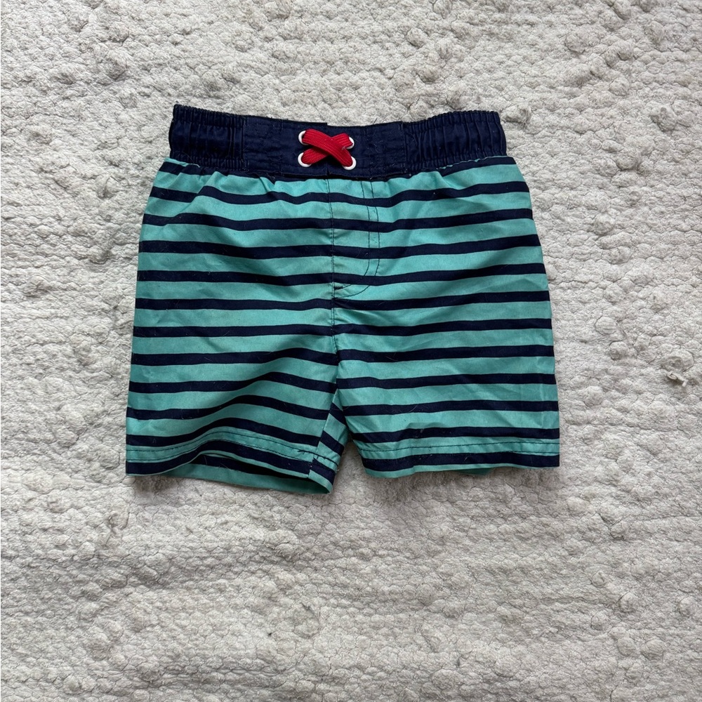 Cat & Jack Striped Swim Shorts - Teal & Navy with Red Accent Size 2T